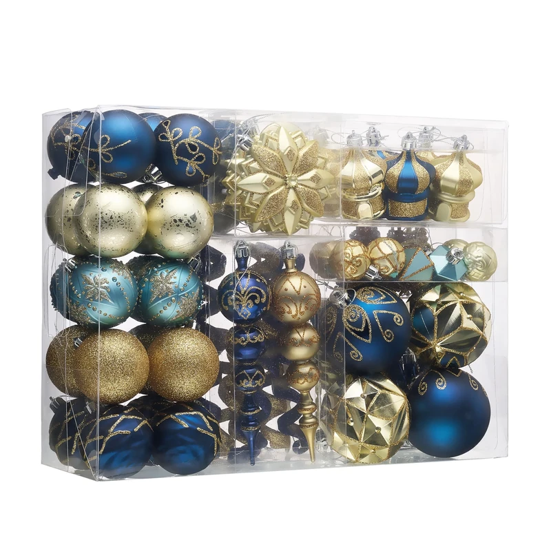 Valery Madelyn Christmas Tree Decorations Set, 108ct Blue and Gold Shatterproof Ball Ornaments Bulk, Peacock Hanging Ornaments for Trees Xmas Holiday Ramadan Decor