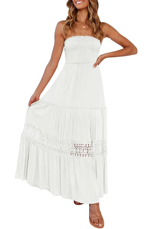 ZESICA Women's 2023 Summer Bohemian Strapless Off Shoulder Lace Trim Backless Flowy A Line Beach Long Maxi Dress, White, S