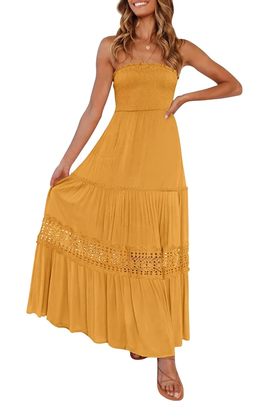ZESICA Women's 2025 Summer Bohemian Strapless Off Shoulder Lace Trim Backless Flowy A Line Beach Long Maxi Dress, Yellow, M