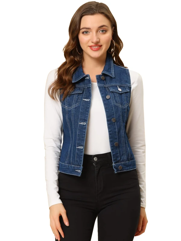 Allegra K Women's Buttoned Washed Denim Vest Jacket W Chest Flap Pockets, Dark Blue-1, Large