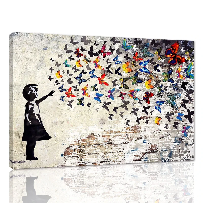 Colorful Graffiti Street Canvas Wall Art Funny Butterfly Banksy Street Art Mural Pop Art Modern Home Office Wall Decor Framed Canvas Wall Art Decor for Study Room Walls Easy to Hang - 28x44inch