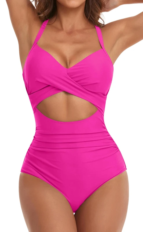 Eomenie Women's One Piece Swimsuit Wrap Cutout Tummy Control High Waisted Back Tie Knot Bathing Suit, Hot Pink, Medium