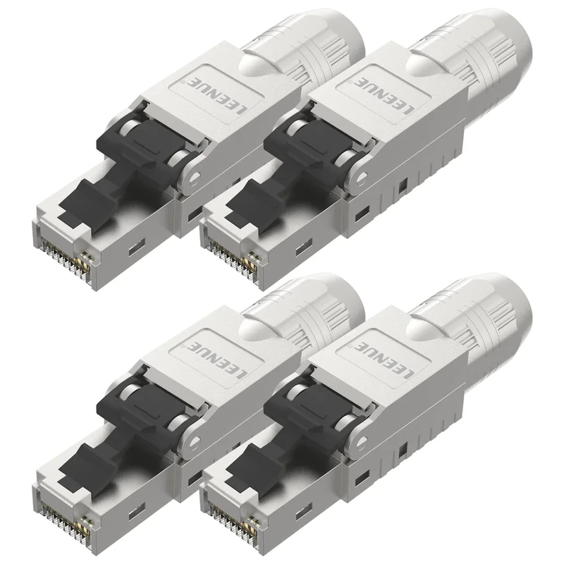LEENUE Toolless CAT6A RJ45 Connector, Tool-Free RJ45 Plug CAT6A CAt6, Shielded Gold-plated Reusable for 23~26AWG Ethernet Cables 10Gbps PoE 4 Pack