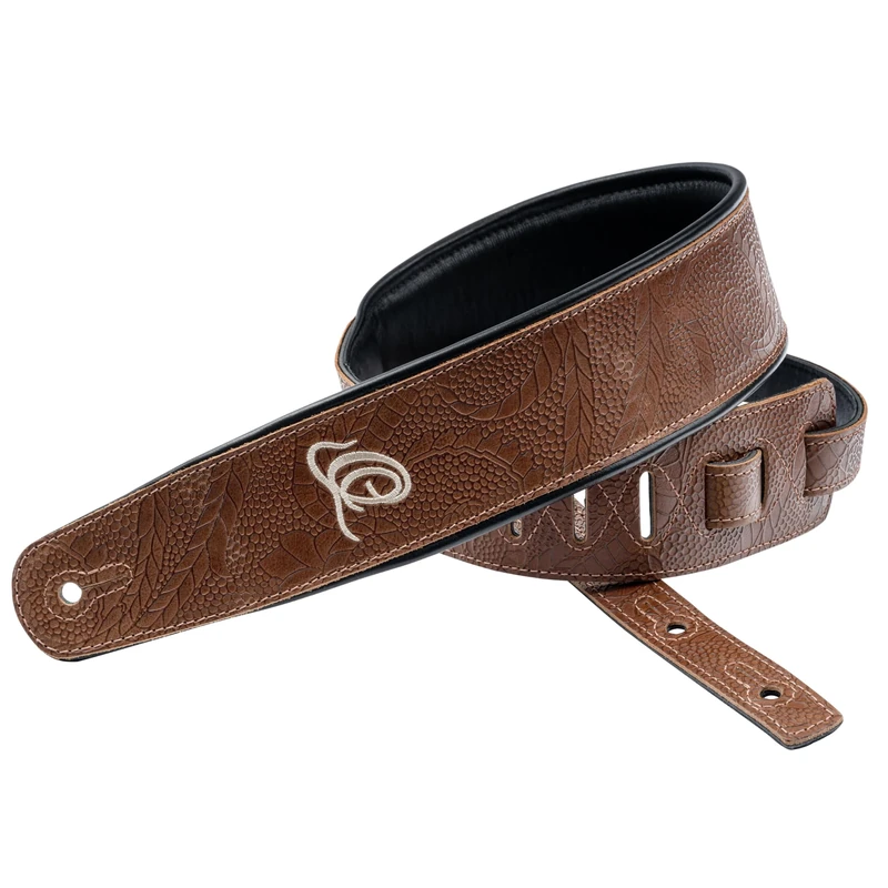 Ortega Guitars Adjustable Guitar Strap – Acoustic Guitar / Bass, Electric Guitar / Bass – Custom Series – Genuine Leather, Natural Brown Flora (OSCU-2)