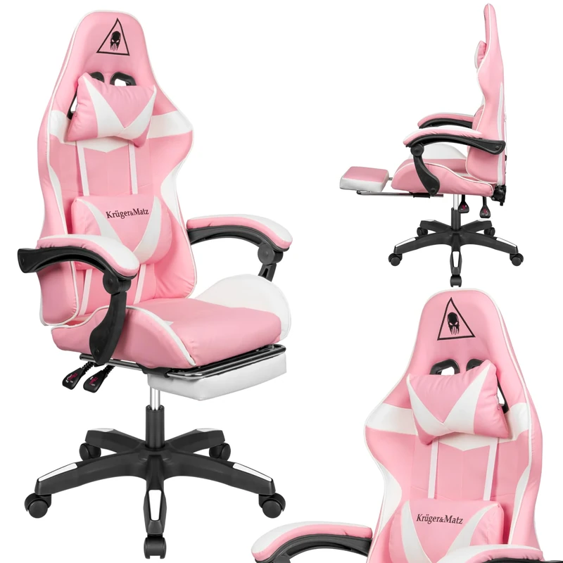 Krüger&Matz Warrior GX-150 KM0790-P gaming chair with retractable footrest, adjustable lumbar support, eco-leather, rubber wheels, white-pink - Image 1