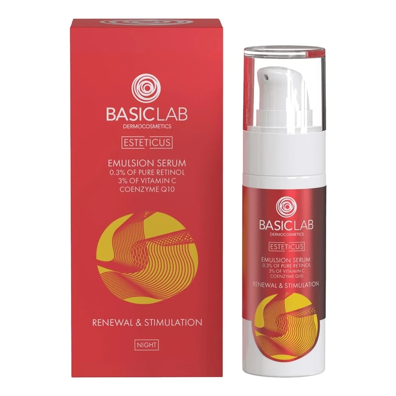 Basiclab Emulsion serum with 0,3% pure retinol, 3% witamic C and coenzyme Q10. Reneval & stimulation 30ml