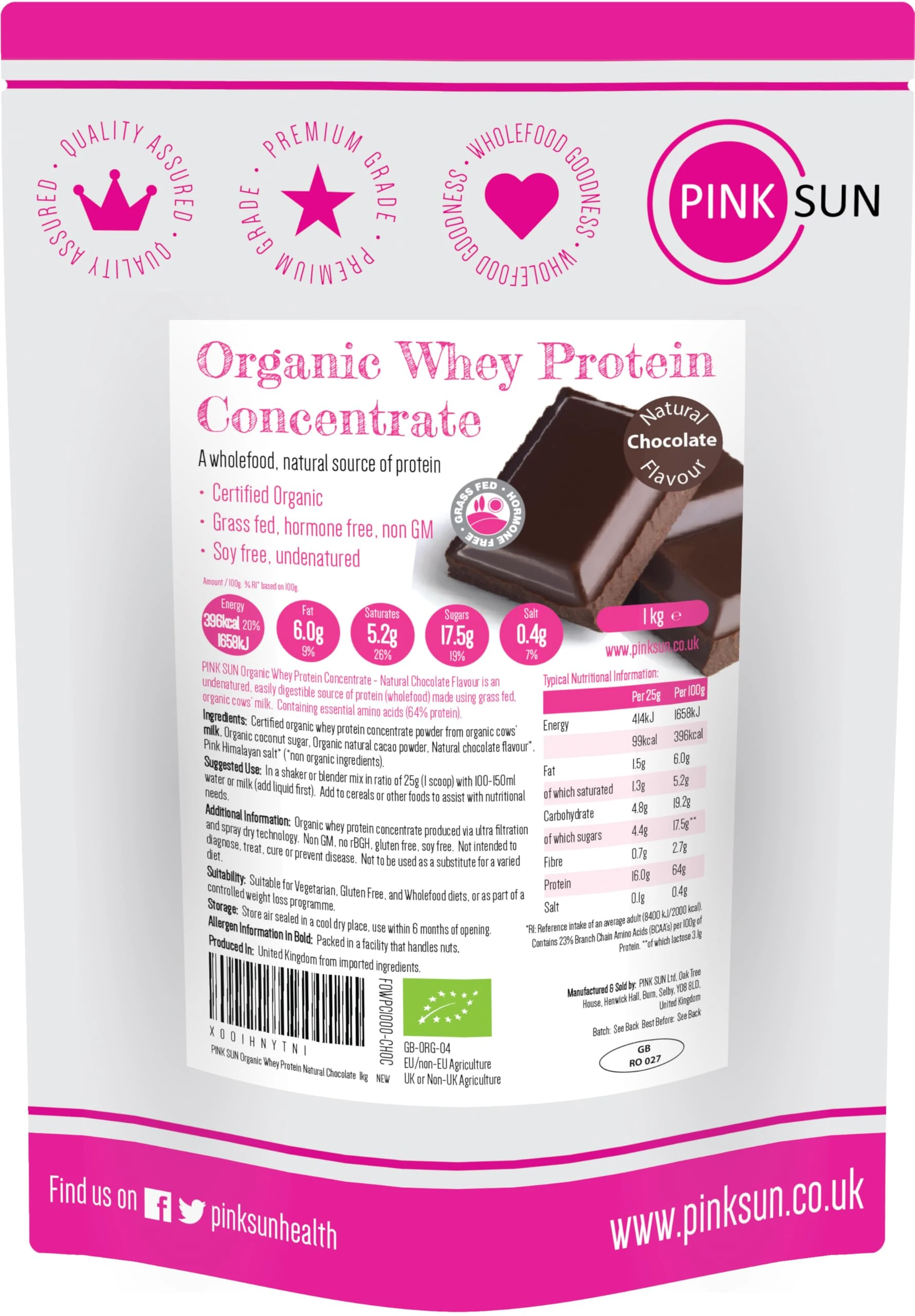 PINK SUN Organic Whey Protein Powder Chocolate Flavour 1kg Concentrate Shake Soy Free Grass Fed Gluten Free Vegetarian Undenatured Non GM Certified Bio UK