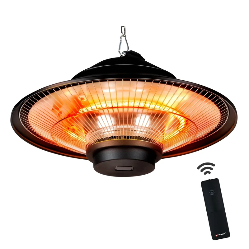 alpina GS-1500 Infrared Heater, 1500 W, Indoor and Outdoor Use, with Remote Control, IP44, Ceiling Mount, Diameter 42.5 x 12.5 cm, Black