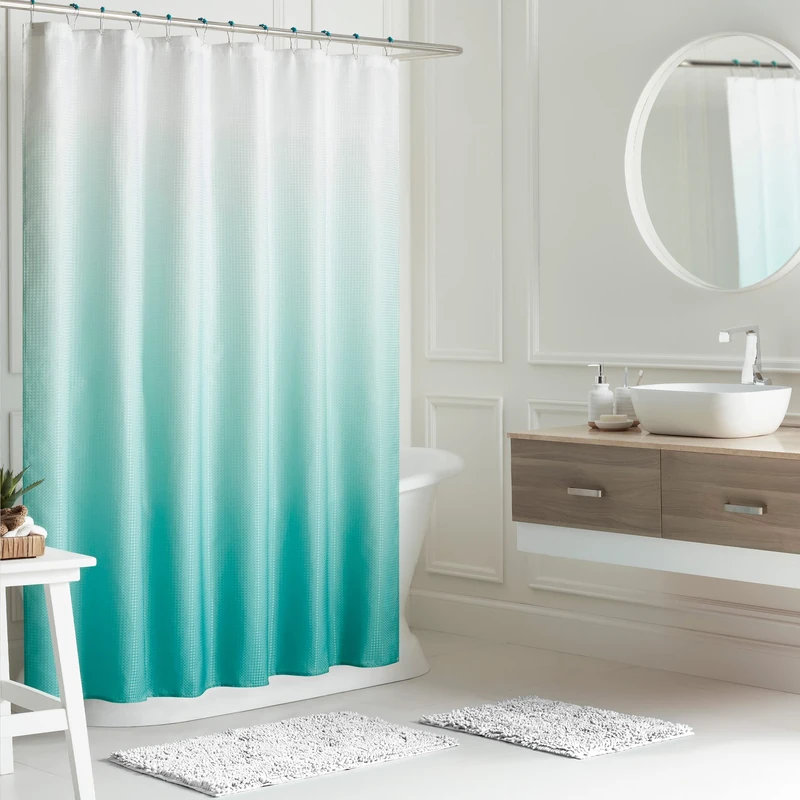 Creative Home Ideas – Ombre Bathroom Decor Set | 16 Pieces | Includes Shower Curtain, Liner, 2 Chenille Bathmats and 12 Hooks | Curtain Measures 70" x72" | White/Turquoise Ombre