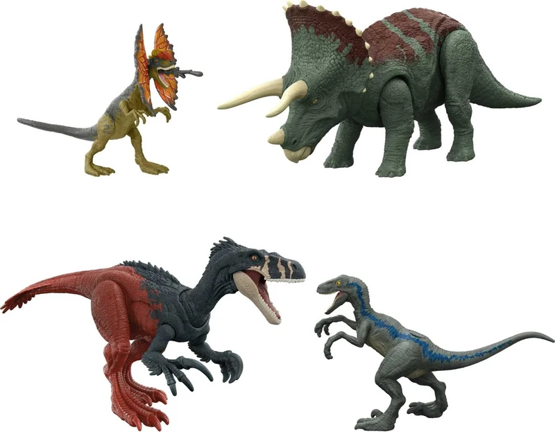 Jurassic World Dominion Survival Instincts Dinosaur Toys, set of 4 Action Figures, Blue, Dilophosaurus and Roar Strikers Megaraptor and Pteranodon Figures Amazon Exclusive