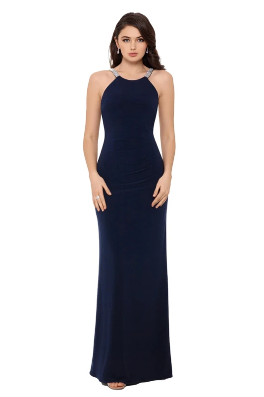 Betsy & Adam Women's Long Halter Neck Sleeveless Gown with Rhinestone Straps Special Occasion Dress, Navy, 14