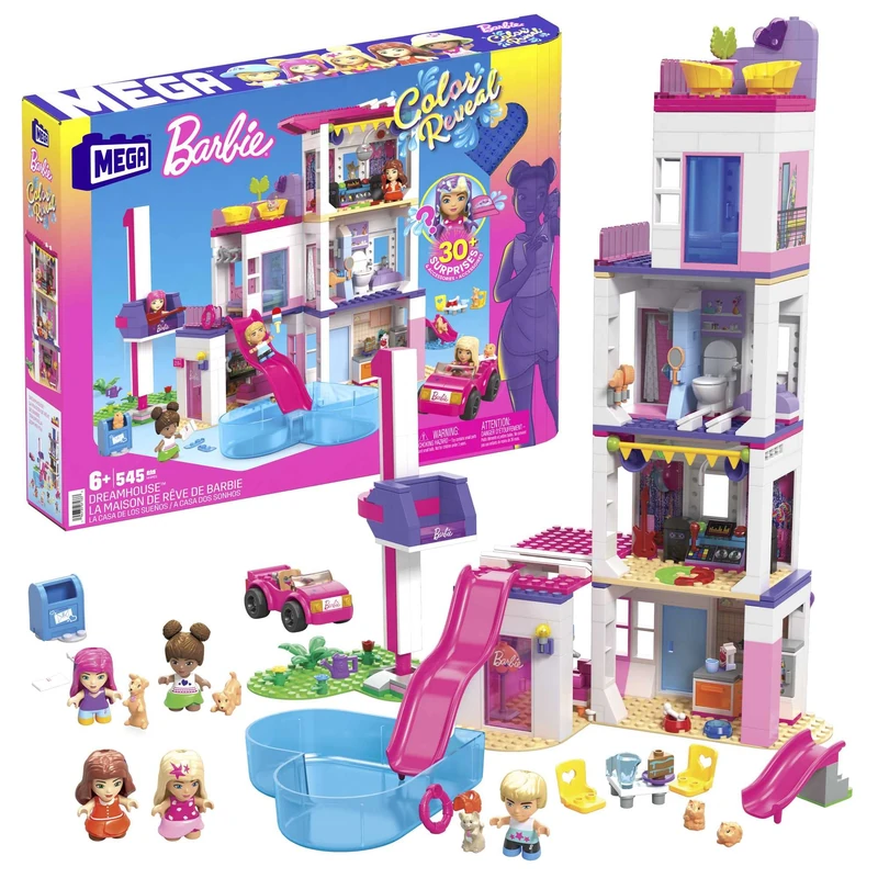 MEGA Barbie Color Reveal DreamHouse building set with 25+ surprises, 5 micro-dolls and 6 animals, toy gift set for ages 5 and up, HHM01 - Image 1