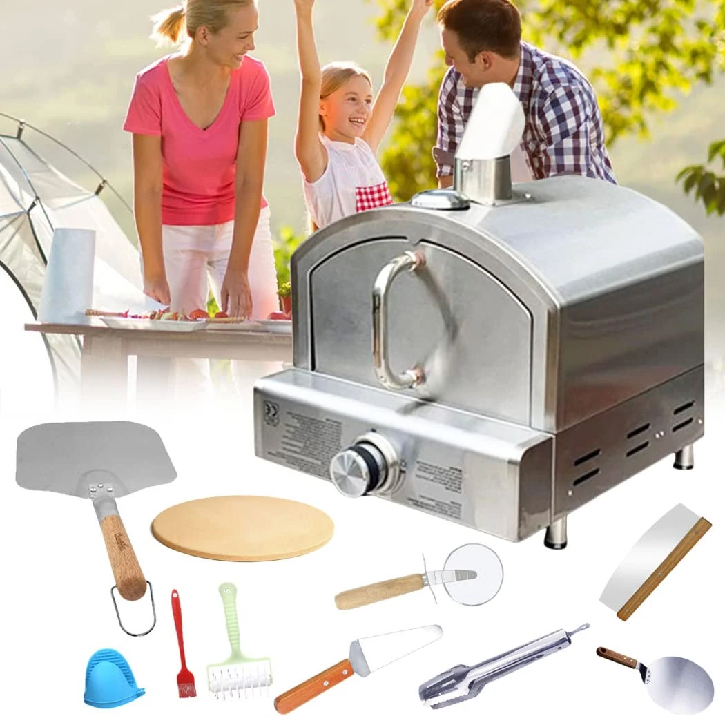 Portable Gas Pizza Oven Outdoor Propane Stainless Steel Pizza Oven Countertop Gas Fired Pizza Maker with 12" Pizza Stone for Camping Party Catering Event Backyard Patio Baking Grilling