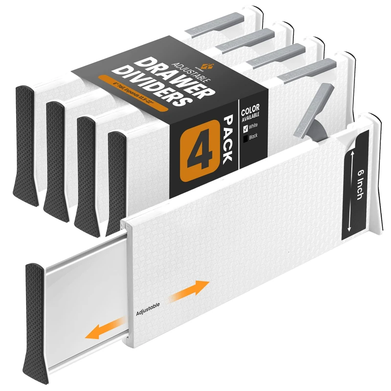 RAPTUROUS Expandable Tall Drawer Dividers 4 Pack - 6 Inch High Dresser Drawer Organizers, White