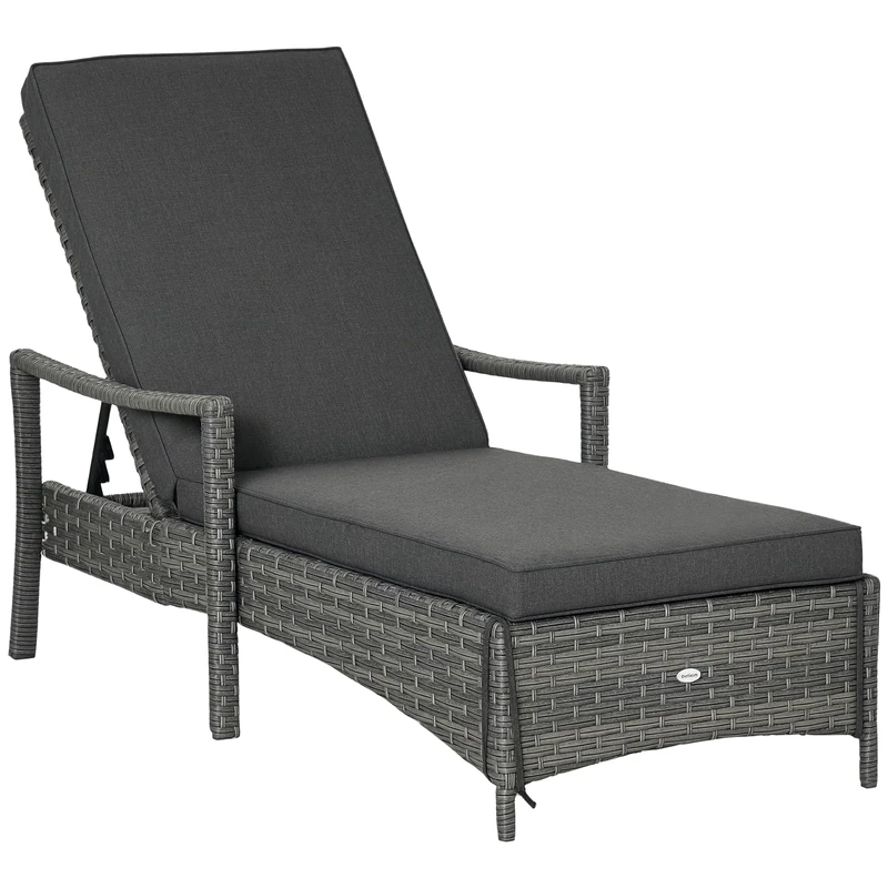 Outsunny Patio Rattan Sun Lounger, Dual Wicker Weave Outdoor Single Reclining Chair Furniture, 5-Level Adjustable Backrest w/Removeable & Washable Cushion, Mixed Grey