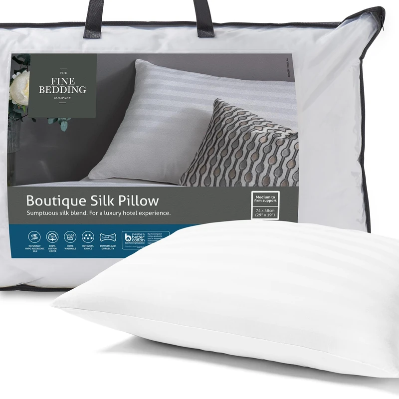 The Fine Bedding Company Boutique Silk Pillow – Medium Firm Pillow with Advanced Smartfil® Fibre and Pure Silk Blend, Luxury Pillows for Comfort, Machine Washable – Single (1 Pack)