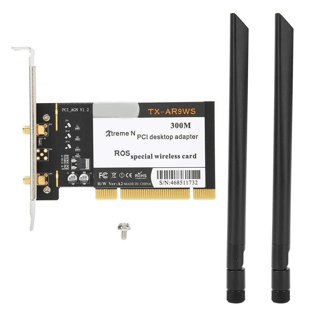 Wireless WiFi Network Adapter with 2 Antennas for Desktop AR9223 PCI 300Mbps 802.11b/g/n, PCI Desktop Adapter.