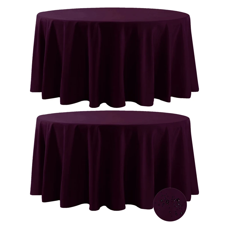 Fokitut 2 Pack Waterproof Round Tablecloth, 120 Inch, Stain Resistant and Wrinkle Polyester Table Cloth, Fabric Table Cover for Kitchen Dining, Wedding, Party, Holiday Dinner-Eggplant