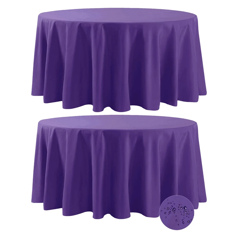 Fokitut 2 Pack Waterproof Round Tablecloth, 132 Inch, Stain Resistant and Wrinkle Polyester Table Cloth, Fabric Table Cover for Kitchen Dining, Wedding, Party, Holiday Dinner-Purple