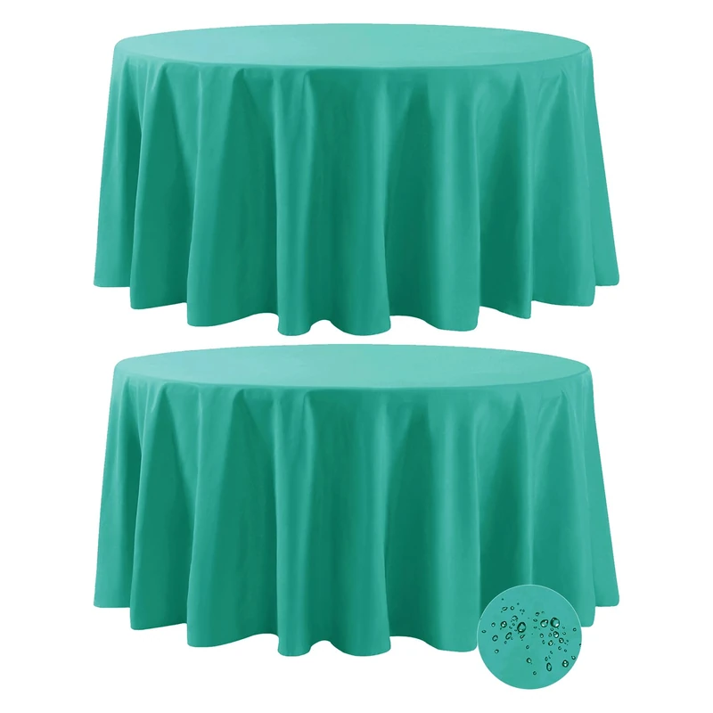Fokitut 2 Pack Waterproof Round Tablecloth, 120 Inch, Stain Resistant and Wrinkle Polyester Table Cloth, Fabric Table Cover for Kitchen Dining, Wedding, Party, Holiday Dinner-Turquoise