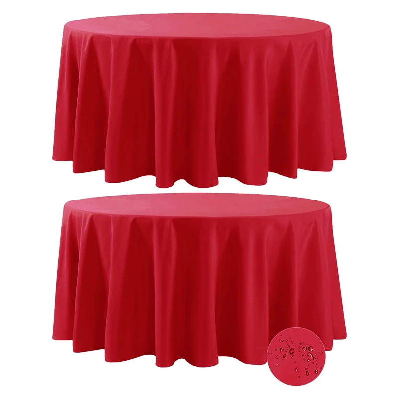 Fokitut 2 Pack Waterproof Round Tablecloth, 120 Inch, Stain Resistant and Wrinkle Polyester Table Cloth, Fabric Table Cover for Kitchen Dining, Wedding, Party, Holiday Dinner-Red