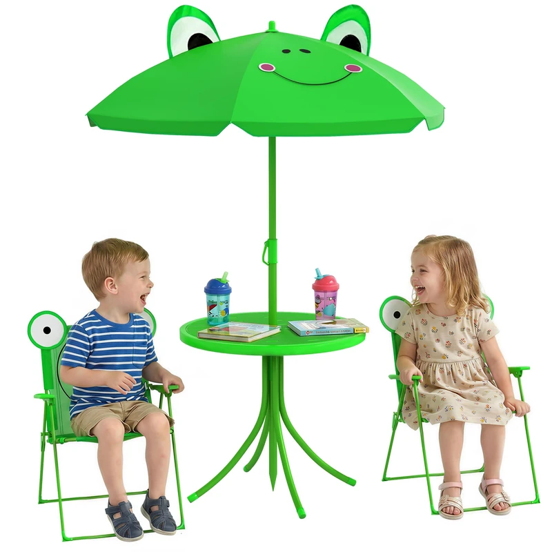 Outsunny Kids Outdoor Table and Chairs Ladybird Adjustable Umbrella Green