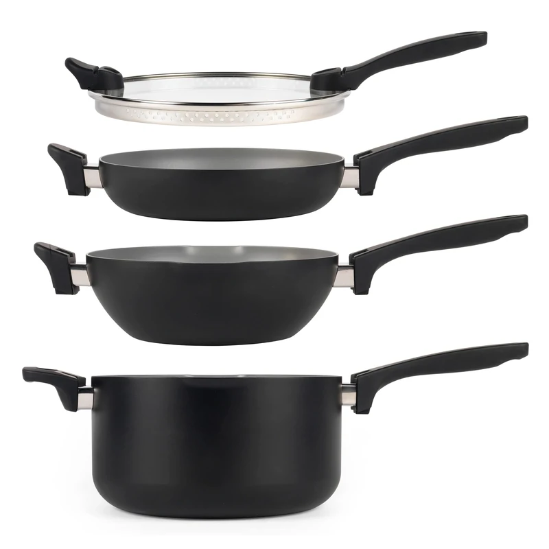 Salter BW10233 Stackable 4 Piece Pan Set, Space Saving, Pouring Lip, All Hob Types Including Induction, Non-Stick, Little to No Oil, Universal Glass Lid, Soft Touch Handle, Easy Clean, Grey, Black