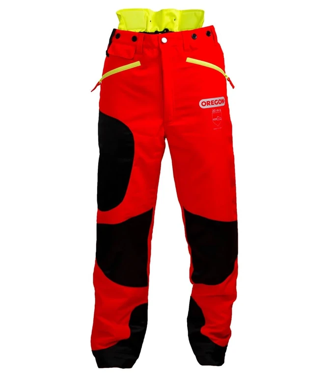 Oregon Waipoua Chainsaw Protective Safety Trousers,Type A Class 1 Chainsaw Protection, Adjustable Lightweight Breathable Re-enforced Clothing, Size S/EU 42-44 – Hi Vis Red/Yellow/Black (295469/S)
