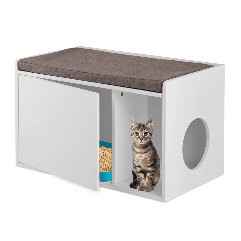 Relaxdays Cat Cabinet with Seating, 2in1 Feline Commode & Bench, H x W x D: 45.5 x 75 x 43 cm, Litter Tray, White/Grey, Foam, Polyester, Fibreboard, 45.5x75x43cm