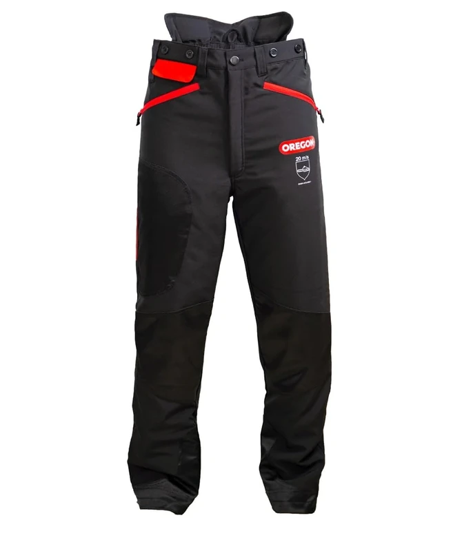 Oregon Waipoua Chainsaw Protective Safety Trousers, Type A Class 1 Chainsaw Protection, Adjustable Lightweight Breathable Re-enforced Clothing, Size S/EU 42-44 - Black/Red (295466/S)