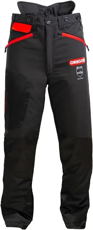 Oregon Waipoua Chainsaw Protective Safety Trousers,Type A Class 1 Chainsaw Protection, Adjustable Lightweight Breathable Re-enforced Clothing, Size XL/EU 54-56 - Black/Red (295466/XL)