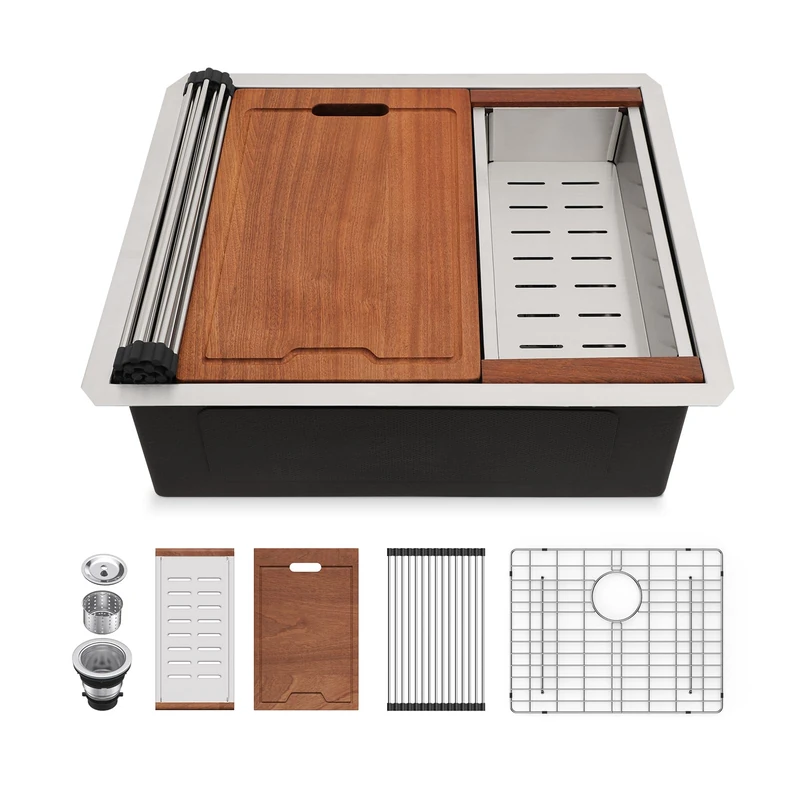 Lordear 23 Inch Undermount Kitchen Sink Workstation16 Gauge Stainless Steel Bar Sinks Single Bowl with Cutting Board Under Counter Handmade Sink