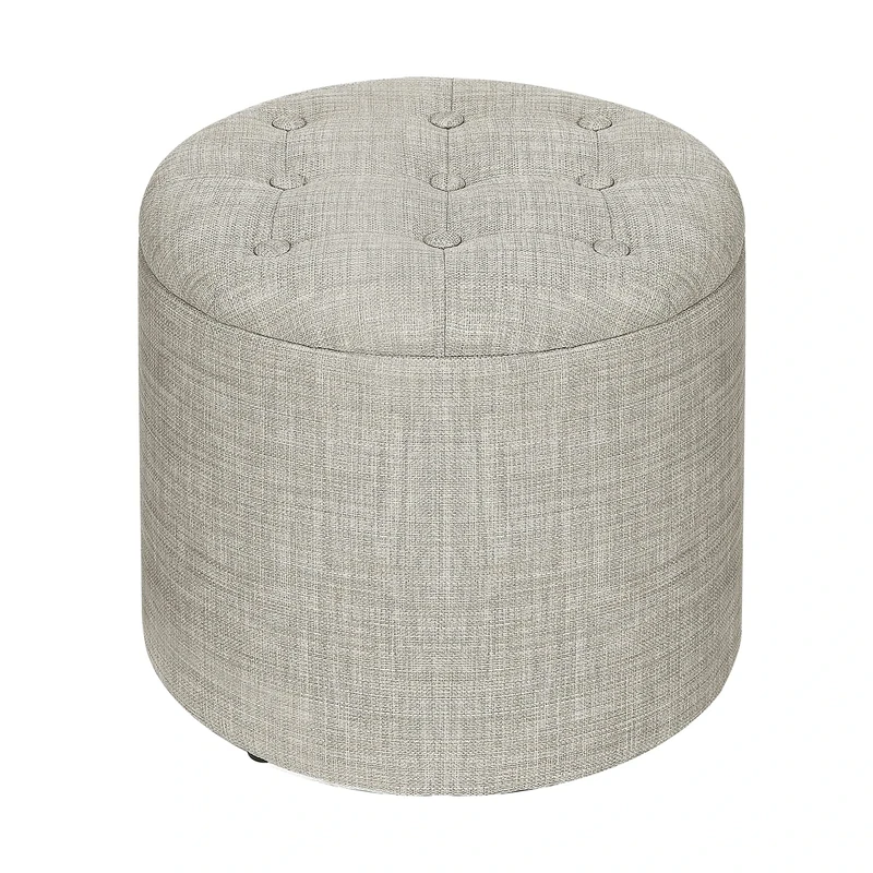 Adeco Round Footstool with Removable Lid-Upholstered Footrest Storage Tufted Ottomans, 14.6"(D) x 14.6"(W) x 14.2"(H (Beige-1)