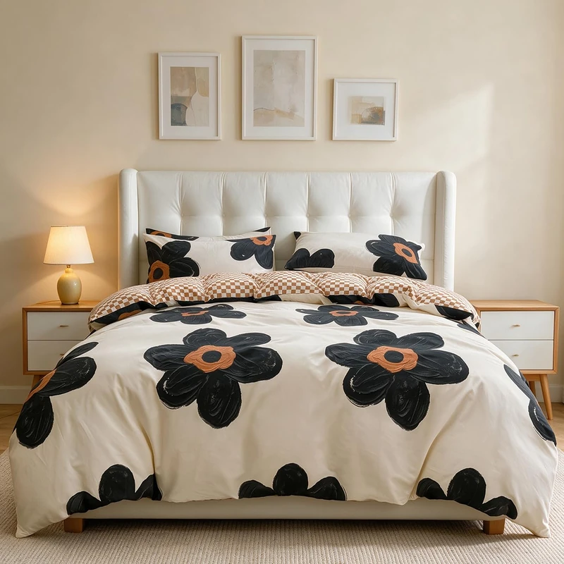 CLOTHKNOW Black Floral Queen Comforter Set Sunflower Bedding Comforter Sets Brown Plaid Comforter Soft Botanical Queen Comforter with 2 x Pillow Cases