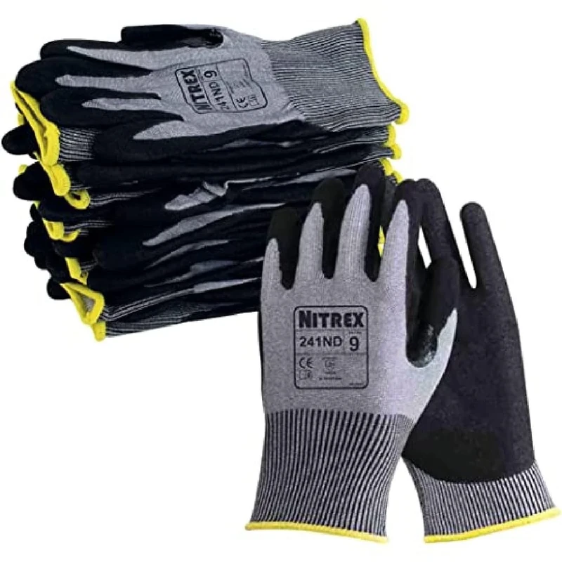 Nitrex 241ND Work and Safety Gloves, Bag of 10 Pairs, Size 8 - D Rated Cut Resistant Gloves with a Sandy Nitrile Palm Coating