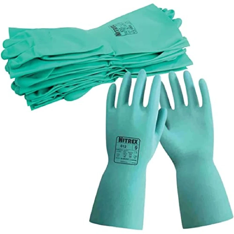 Nitrex 613 Chemical Resistant Safety Gloves, Bag of 10 Pairs, Size 7 - Flock Lined Nitrile Chemical Resistant Gauntlet Gloves