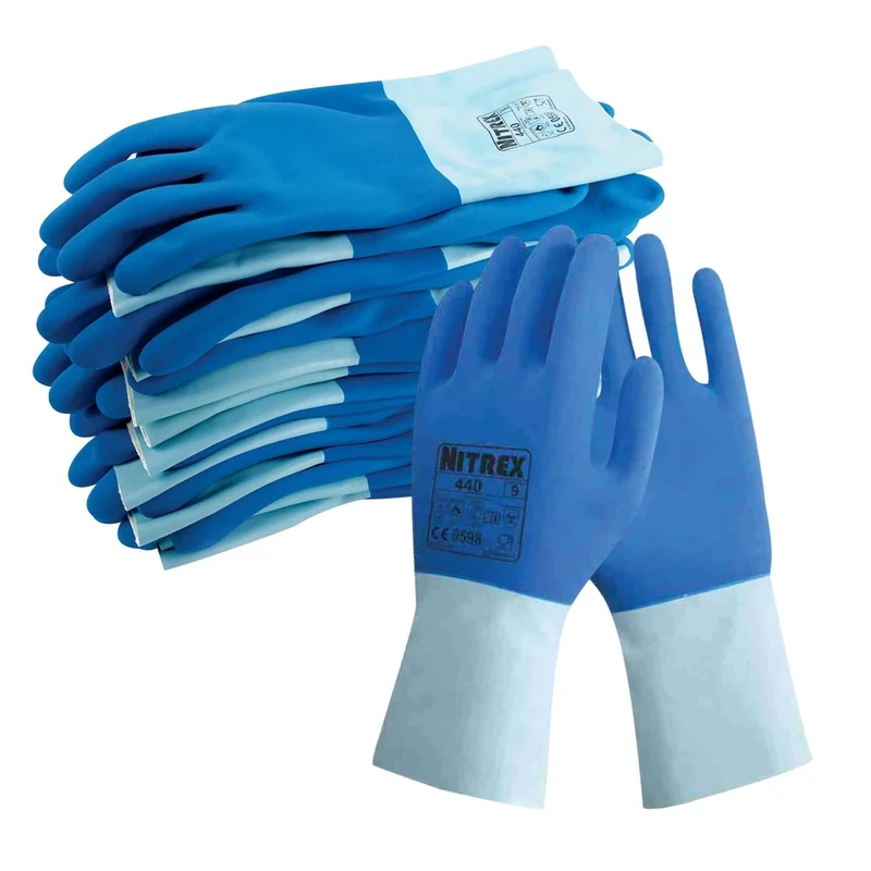 Nitrex 440 Chemical Resistant Safety Gloves, Bag of 10 Pairs, Size 10 - Cotton Lined Chemical and Heat Resistant Latex Gauntlet