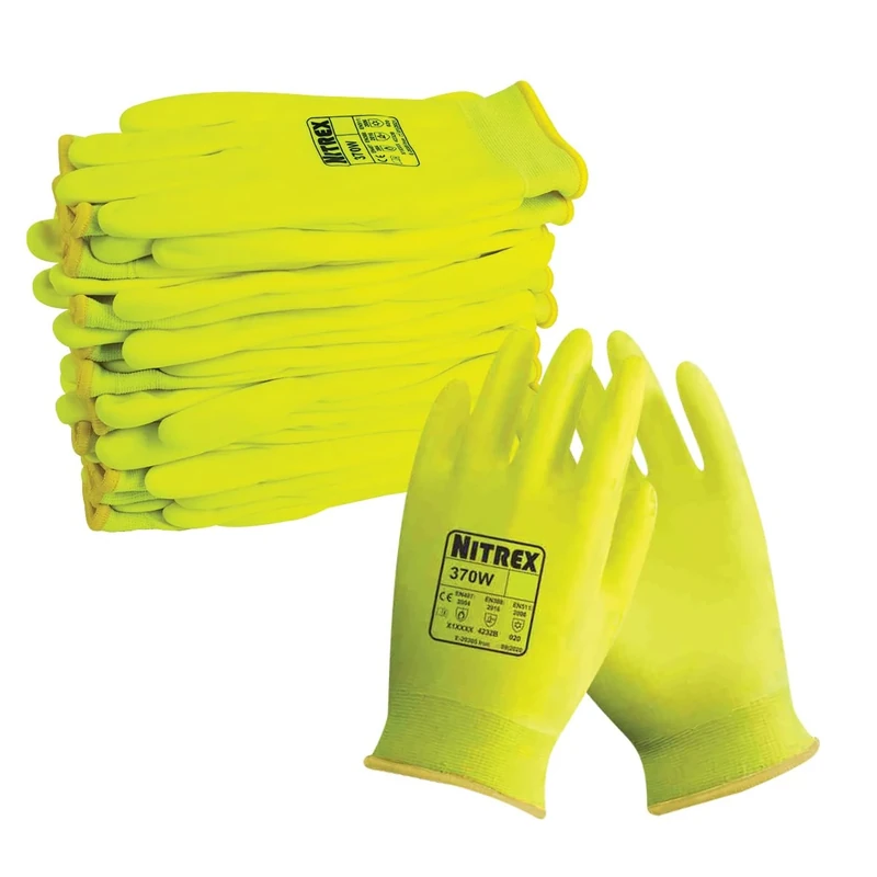 Unigloves Nitrex 370W - 10 pairs - Thermal Work Gloves for Wet and Dry Environments with Fully Coated Foam Nitrile Double Liner, in High Visibility Yellow