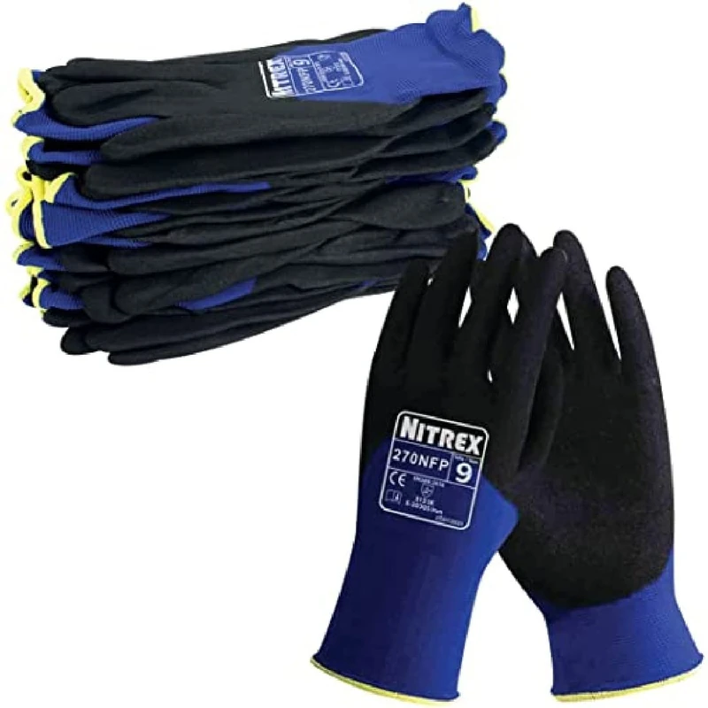 Nitrex 270NFP Work and Safety Gloves, Bag of 10 Pairs, Size 9 - Nylon General Handling Gloves with 3/4 Sandy Nitrile Coating