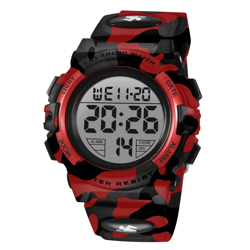 BEN NEVIS Children's Boys Teenagers Digital Outdoor Sport Multifunction Waterproof LED Light Alarm Calendar Date Watch with Silicone Band, 29-Red Military, Strap