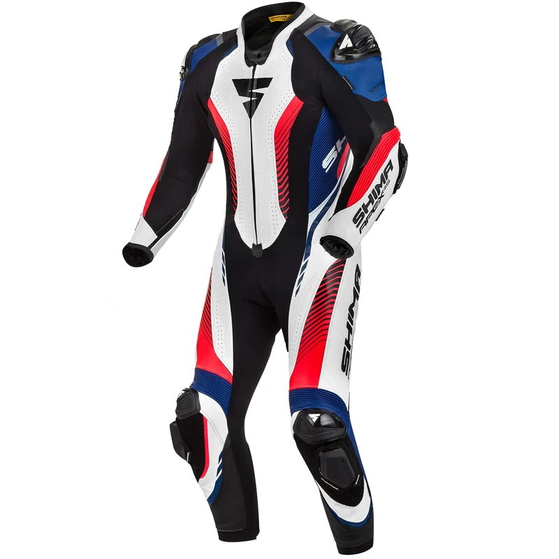 SHIMA APEX RS Motorbike Suit for Men - Leather 1-Piece Sport Racing Suit Ventilated with Shoulder & Knee Sliders, CE Back, Shoulder, Elbow Armor Pads, Reinforced Double Seams (46, White/Blue)