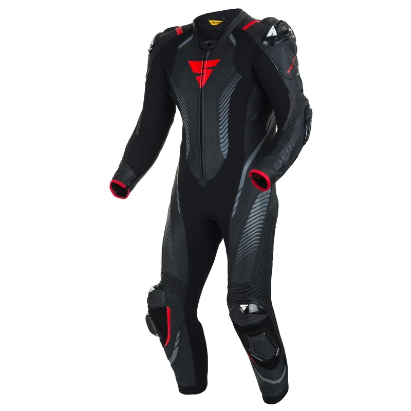 SHIMA APEX RS Motorbike Suit for Men - Leather 1-Piece Sport Racing Suit Ventilated with Shoulder & Knee Sliders, CE Back, Shoulder, Elbow Armor Pads, Reinforced Double Seams (50, Black/Red)