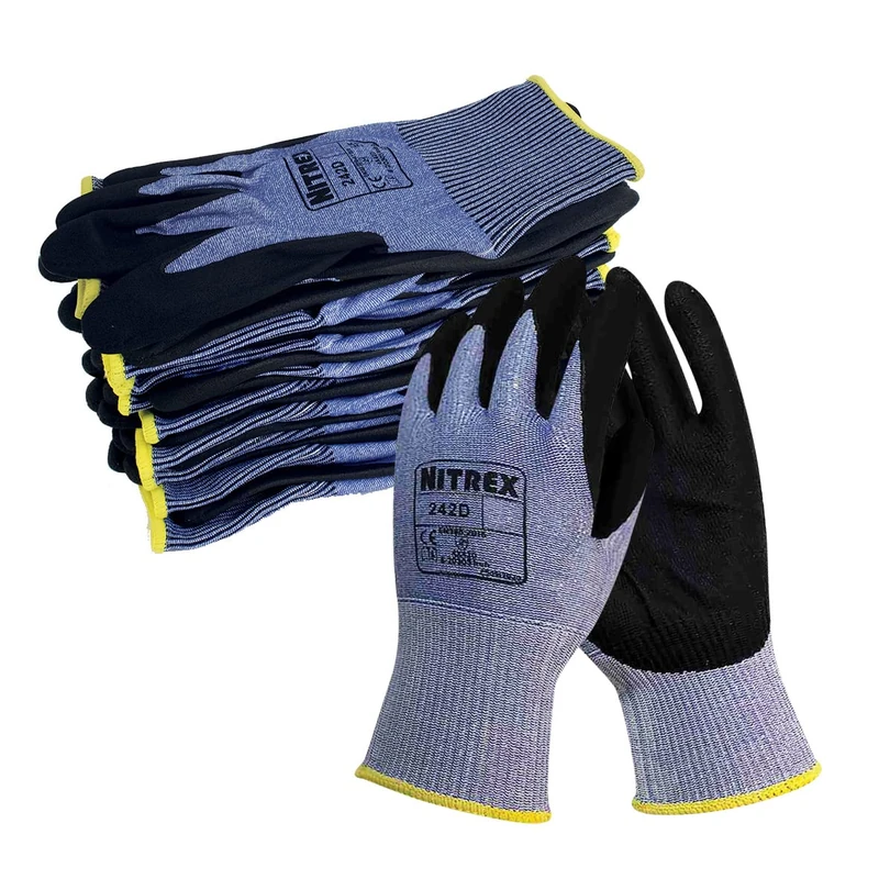 Nitrex 242D Work and Safety Gloves, Bag of 10 Pairs, Size 8 - D Rated Cut Resistant Gloves with PU Nitrile Palm Coating