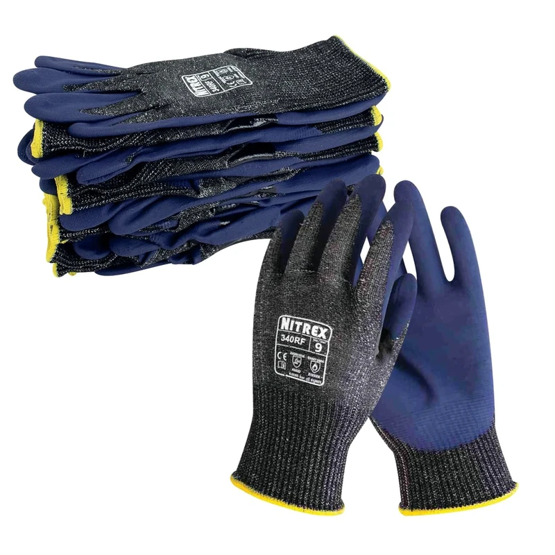 NITREX 340RF Work and Safety Gloves, Bag of 10 Pairs - D Rated Cut Resistant Gloves with Foam Nitrile Palm Coating in Grey/Blue, Size 10
