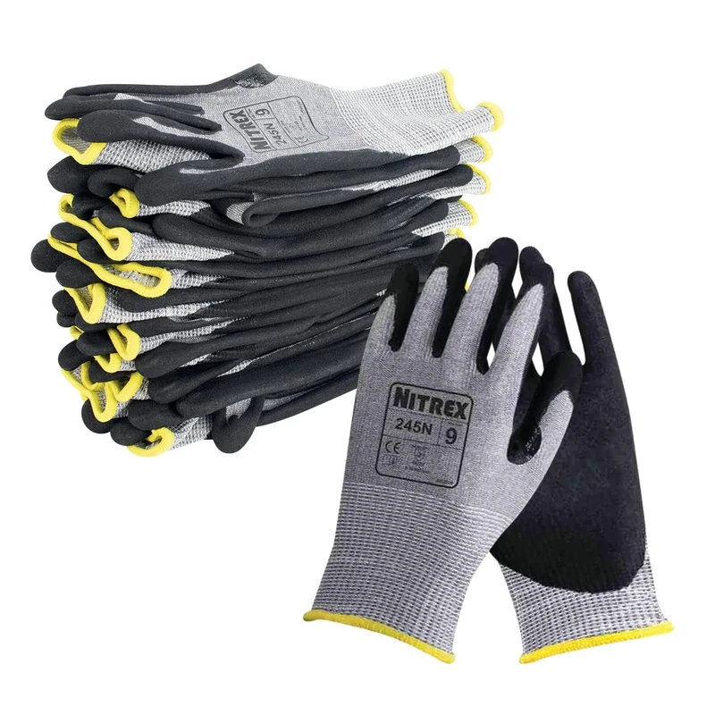 Nitrex 245N Work and Safety Gloves, Bag of 10 Pairs, Size 8 - D Rated Cut Resistant Gloves with Sandy Nitrile Palm Coating