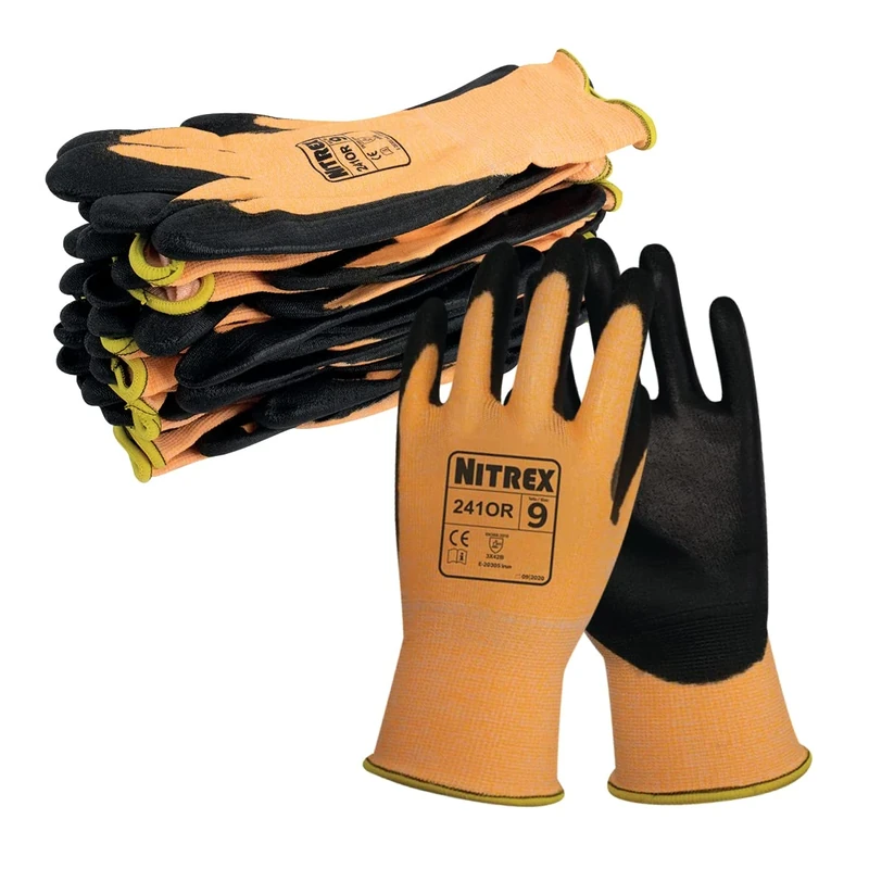 NITREX 241OR Work and Safety Gloves, Bag of 10 Pairs, Size 11 - B Rated Cut Resistant Work Gloves, PU Palm Coating, Orange Nylon Liner