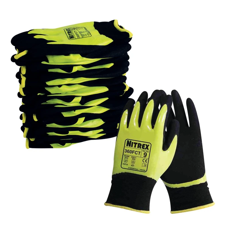 NITREX 360FCT Work and Safety Gloves, Bag of 10 Pairs - Double Dipped Thermal Yellow Gloves with Sandy Nitrile Palm Coating in Black/Neon Yellow, Size 7