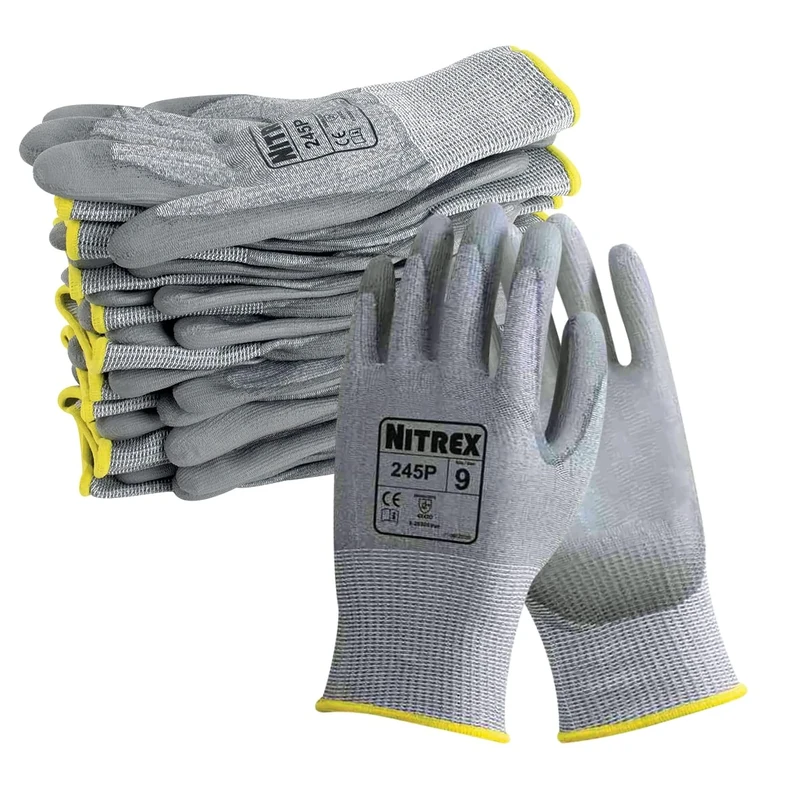 Nitrex 245P Work and Safety Gloves, Bag of 10 Pairs, Size 8 - D Rated Cut Resistant Gloves with PU Palm Coating