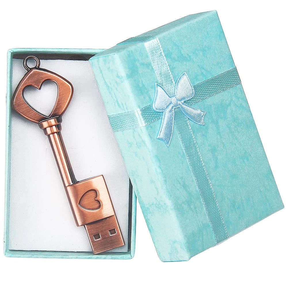 BORLTER CLAMP Cute Memory Stick 32GB USB Flash Drive with Gift Box, Retro Metal Heart Key Shaped Pendrive