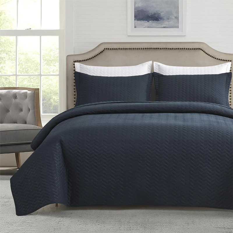 Maple&Stone Quilt Set King Size, Herringbone Lightweight Bedspread, Coverlet with Shams - (Navy, King)